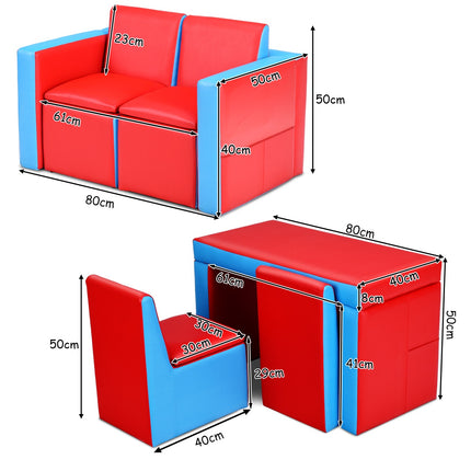 Kids 2-In-1 Sofa Set, Storage, Wooden Frame, Red