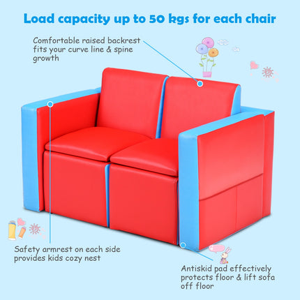 Kids 2-In-1 Sofa Set, Storage, Wooden Frame, Red
