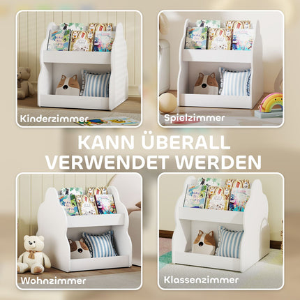 Kids' 2-Tier Bookshelf with Wheels, 4 Shelves, White