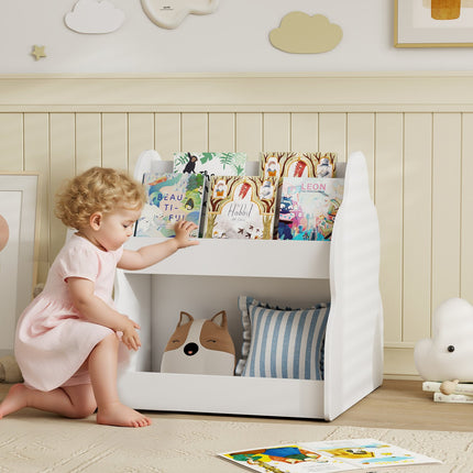 Kids' 2-Tier Bookshelf with Wheels, 4 Shelves, White
