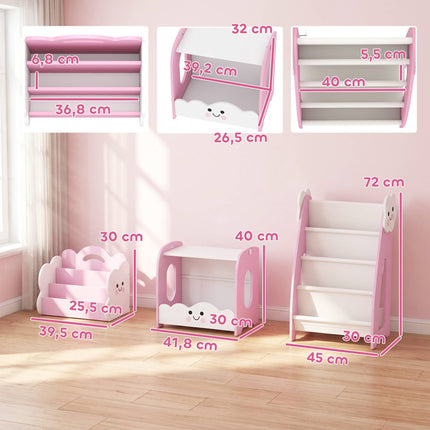 Kids 3-In-1 Toy Storage Shelf, Bookshelf Nightstand, Pink