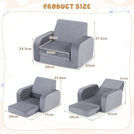 Kids 3-in-1 Convertible Sofa Bed, Velvet, Grey