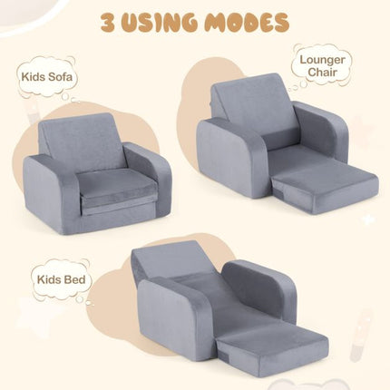 Kids 3-in-1 Convertible Sofa Bed, Velvet, Grey
