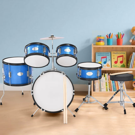 Kids 5-Piece Drum Set – 16-Inch Bass, Throne, Sticks, Blue