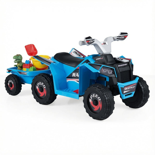 Kids 6V Electric ATV with Trailer, Blue, Durable Wheels