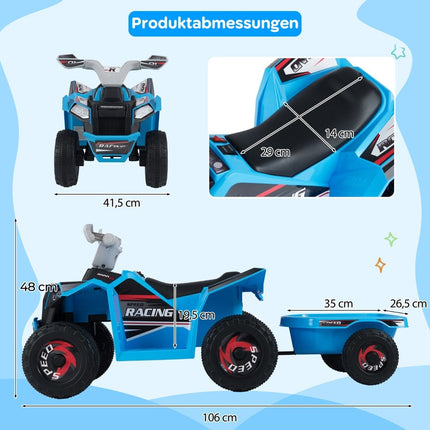 Kids 6V Electric ATV with Trailer, Blue, Durable Wheels