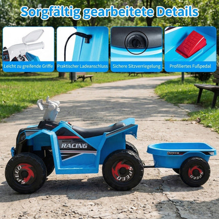 Kids 6V Electric ATV with Trailer, Blue, Durable Wheels