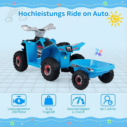 Kids 6V Electric ATV with Trailer, Blue, Durable Wheels