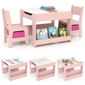Kids Activity Table Set, 2 Chairs, Reversible Chalkboard-Whiteboard