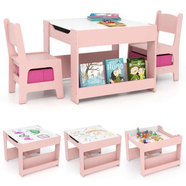 Kids Activity Table Set, 2 Chairs, Reversible Chalkboard-Whiteboard
