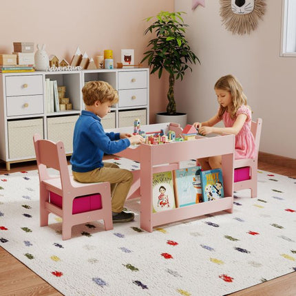 Kids Activity Table Set, 2 Chairs, Reversible Chalkboard-Whiteboard