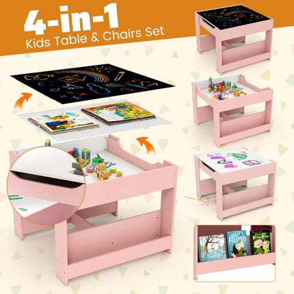 Kids Activity Table Set, 2 Chairs, Reversible Chalkboard-Whiteboard
