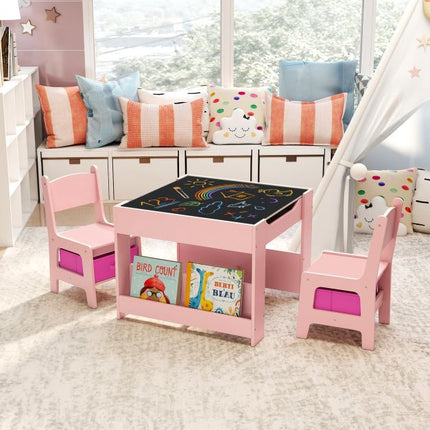 Kids Activity Table Set, 2 Chairs, Reversible Chalkboard-Whiteboard