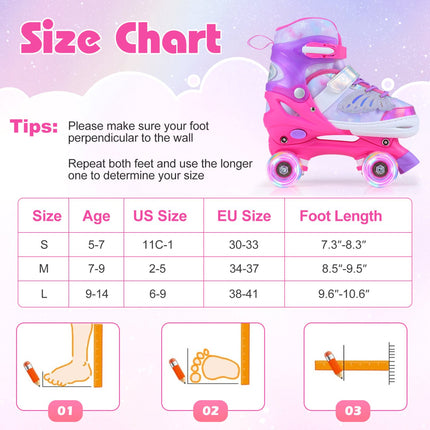 Kids Adjustable Roller Skates, Light-Up Wheels, Pink