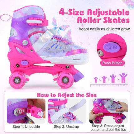 Kids Adjustable Roller Skates, Light-Up Wheels, Pink