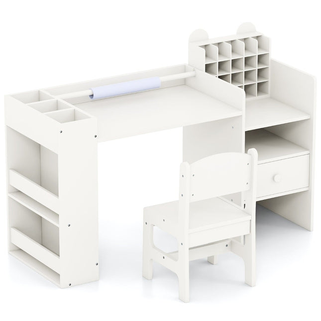 Kids Art Desk & Chair Set with Paper Roll Holder, White