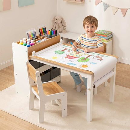 Kids Art Table & Chair Set with Storage Bins – Natural Wood