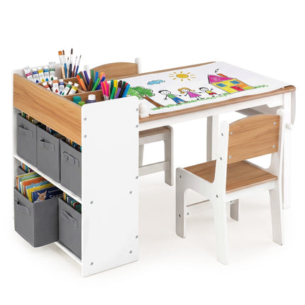 Kids Art Table & Chair Set with Storage Bins – Natural Wood