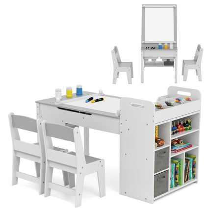 Kids Art Table Set with 2 Chairs, Adjustable Easel, Storage
