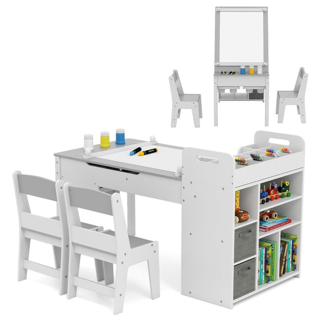 Kids Art Table Set with 2 Chairs, Adjustable Easel, Storage
