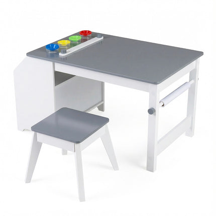 Kids Art Table Set with Stool, Paper Roll, 4 Paint Cups
