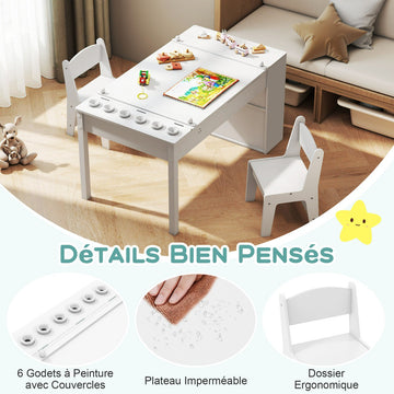 Kids Art Table and 2 Chairs, Adjustable Easel, Paper Roll