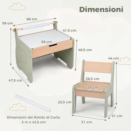 Kids Art Table and Chair Set, Reversible Board, Storage; Paper Roll