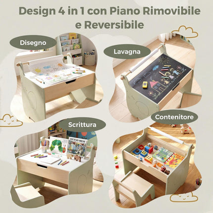Kids Art Table and Chair Set, Reversible Board, Storage; Paper Roll