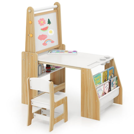 Kids Art Table and Chair Set with Easel, Whiteboard, Chalkboard