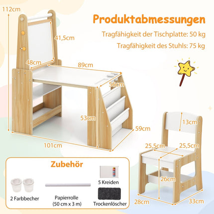 Kids Art Table and Chair Set with Easel, Whiteboard, Chalkboard