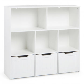 Kids Bookcase Organizer, 5 Cubes, 3 Rolling Drawers, White