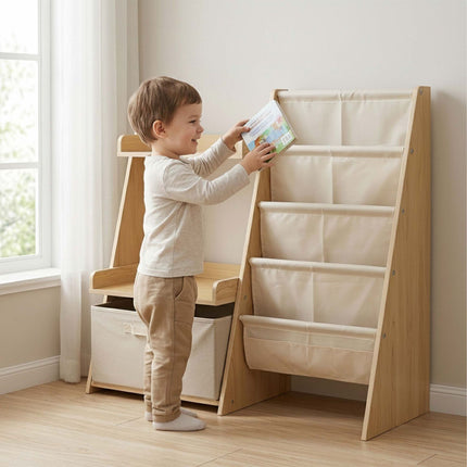 Kids' Bookcase with Fabric Pockets & Removable Box