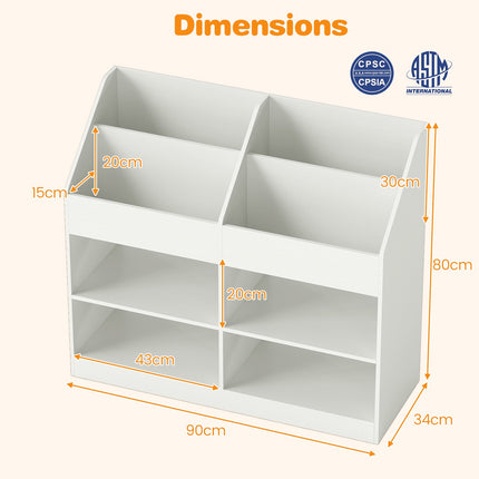 Kids Bookshelf, 3-Tier Display Rack, 4 Compartments, White