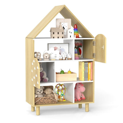 Kids Bookshelf with 2 Doors, Solid Wood Legs, 5 Shelves