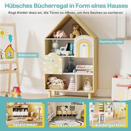 Kids Bookshelf with 2 Doors, Solid Wood Legs, 5 Shelves