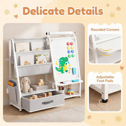 Kids Bookshelf with Art Easel and Magnetic Whiteboard, Toy Organizer, Gray