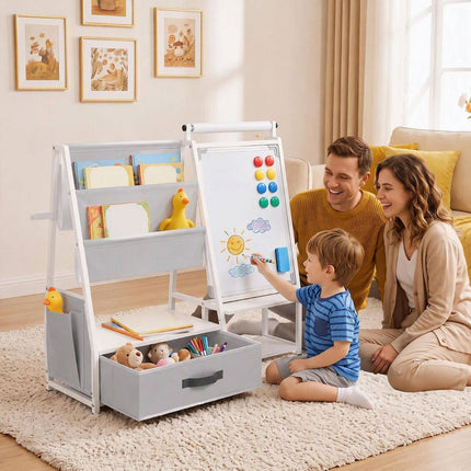 Kids Bookshelf with Art Easel and Magnetic Whiteboard, Toy Organizer, Gray