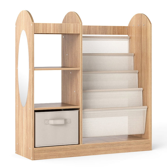 Kids Bookshelf with Mirror and Toy Storage Organizer