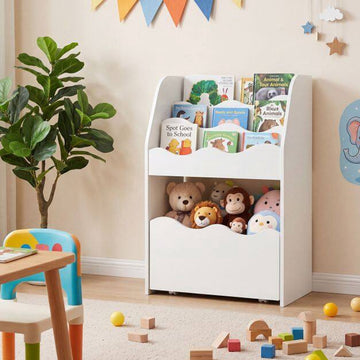 Kids Bookshelf with Rolling Storage Drawer – White