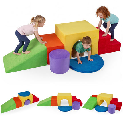 Kids Climbing Foam Blocks Set, 6-Piece, Slide, Velvet Cover, Red