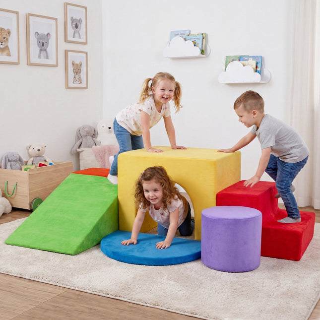 Kids Climbing Foam Blocks Set, 6-Piece, Slide, Velvet Cover, Red