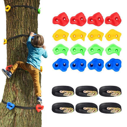 Kids Climbing Holds Set, 18-Piece Tree Mount With Ratchets
