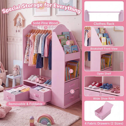 Kids Clothing Rack with Full-Length Mirror and Bookshelf, Pink, 108 cm