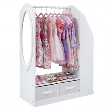 Kids Clothing Rack with Full-Length Mirror and Bookshelf, White, 108 cm