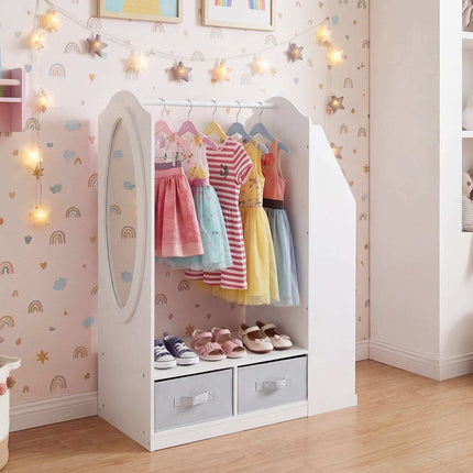 Kids Clothing Rack with Full-Length Mirror and Bookshelf, White, 108 cm