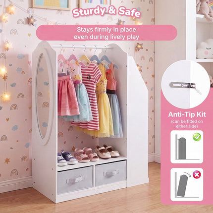 Kids Clothing Rack with Full-Length Mirror and Bookshelf, White, 108 cm