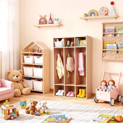 Kids Coat Locker, 3-Section Wood Cubby with 6 Hooks