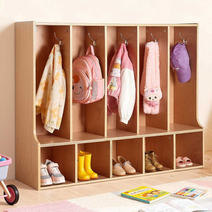 Kids Coat Locker – 5-Section Cubby with 10 Hooks