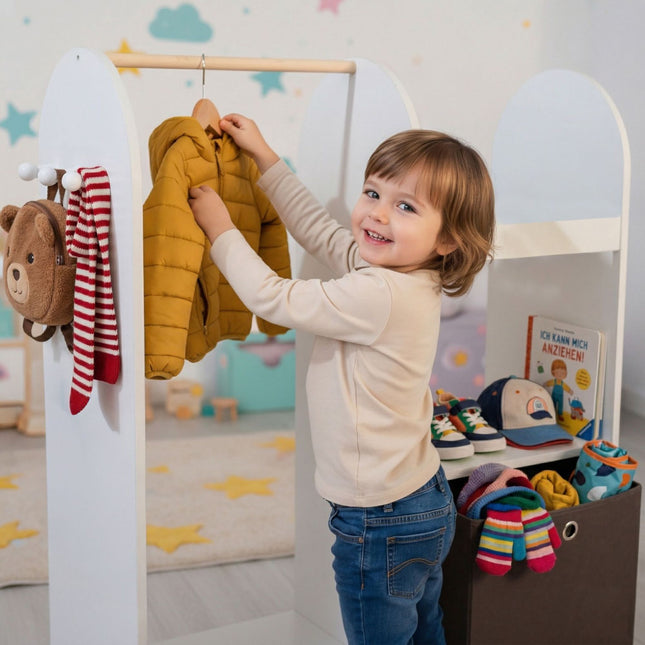 Kinderkapstok met plank, haken en opbergdoos voor stoffen