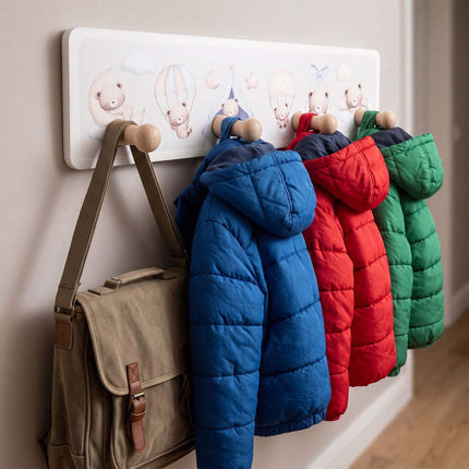 Kids' Coat Rack with 4 Hooks, MDF & Pine, 10x38 cm